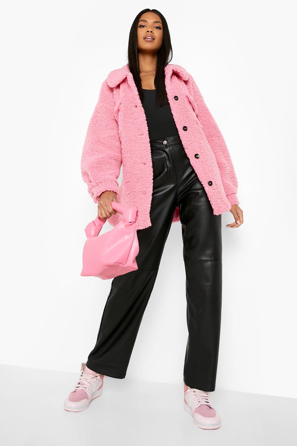 Boohoo pink teddy coat sales